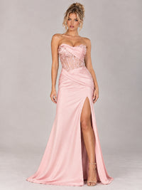 Strapless Satin Prom Dress with Sheer Lace Corset & High Slit