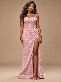 Gold Sequin Strapless Corset Prom Dress with High Slit