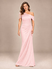 Blush Pink-Lace One Shoulder Chiffon Ruched Mother of The Bride Dresses