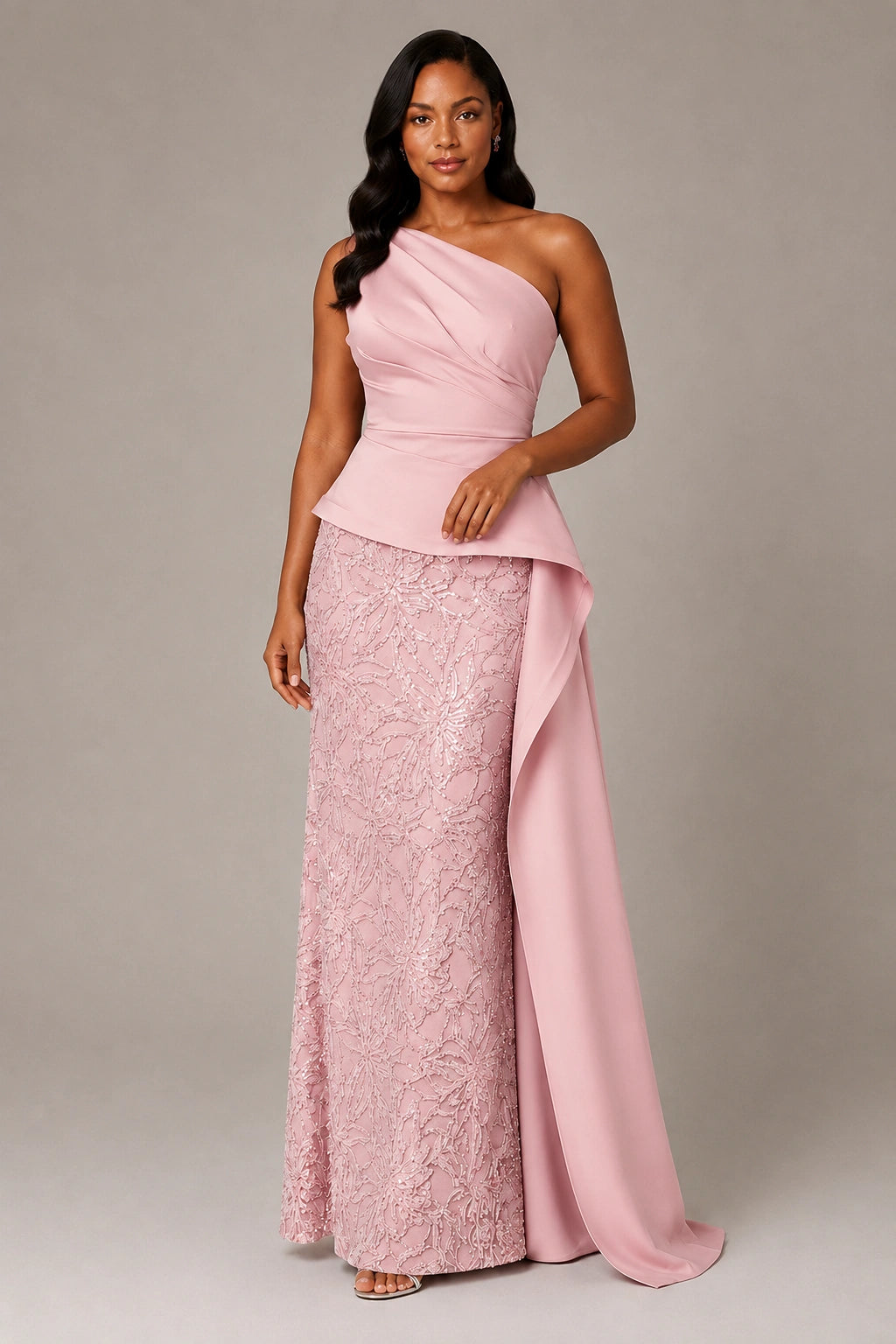 One-Shoulder Mother of the Bride Dress with Sequin Skirt and Peplum