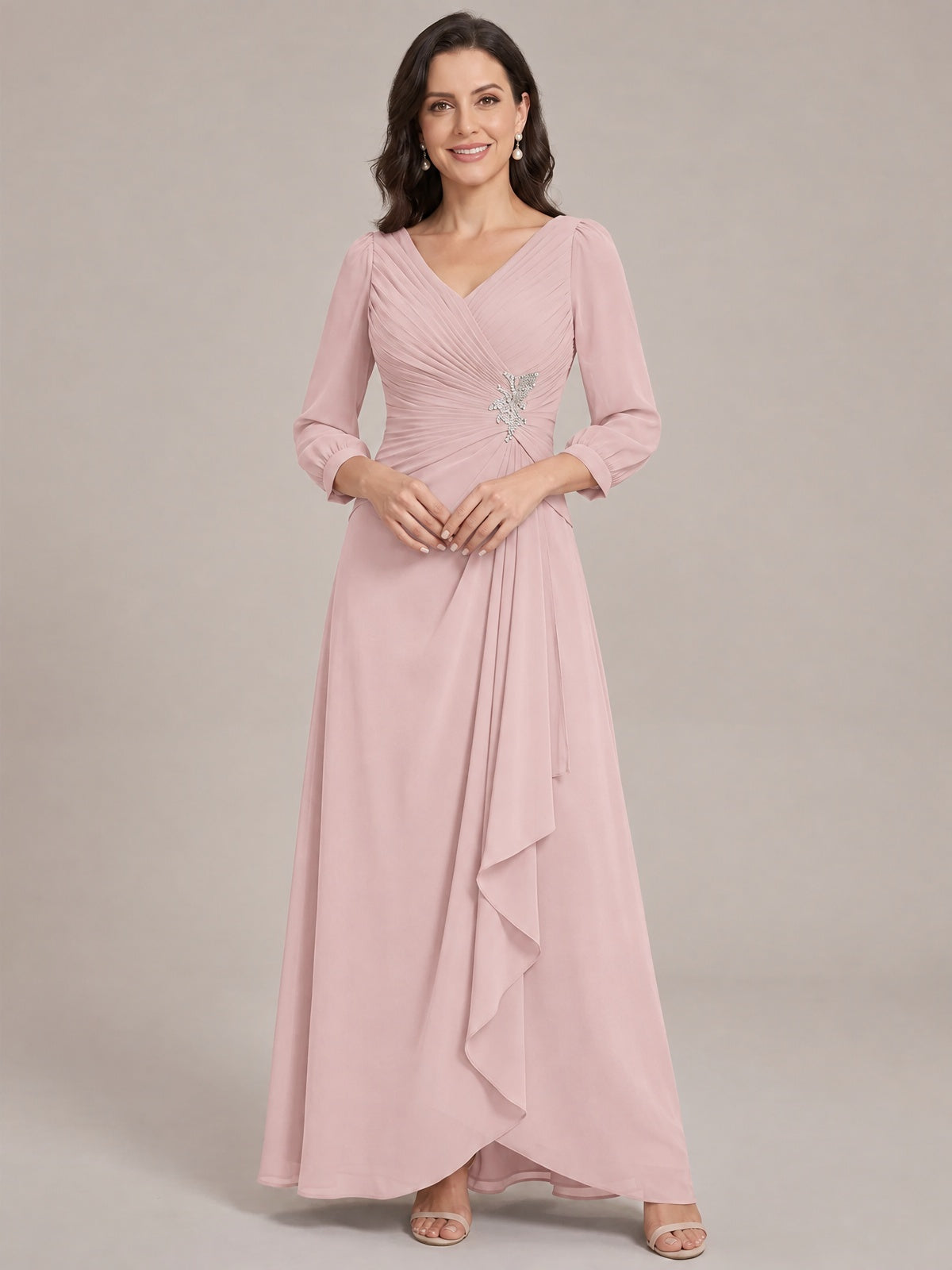 Blush Pink-Long Sleeve Chiffon Beaded Mother of The Bride Dresses for Women