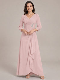 Blush Pink-Long Sleeve Chiffon Beaded Mother of The Bride Dresses for Women