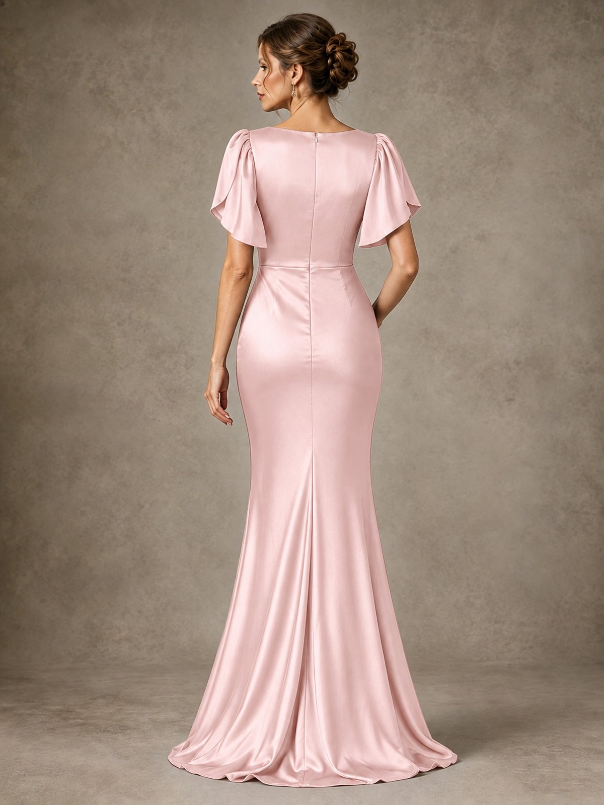 V-Neck Satin Mother of the Bride Dress with Flutter Sleeves