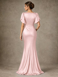 V-Neck Satin Mother of the Bride Dress with Flutter Sleeves
