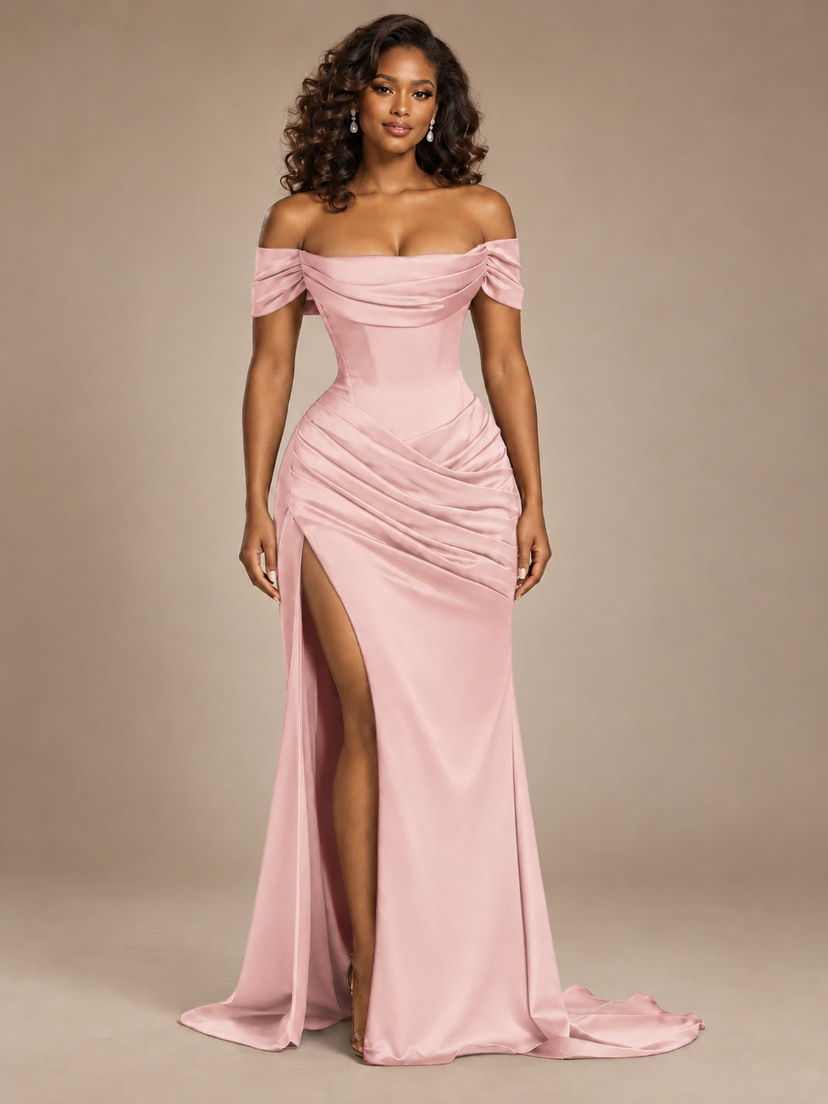 Burgundy Off-the-Shoulder Satin Corset Prom Dress with Slit