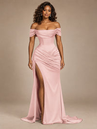 Burgundy Off-the-Shoulder Satin Corset Prom Dress with Slit