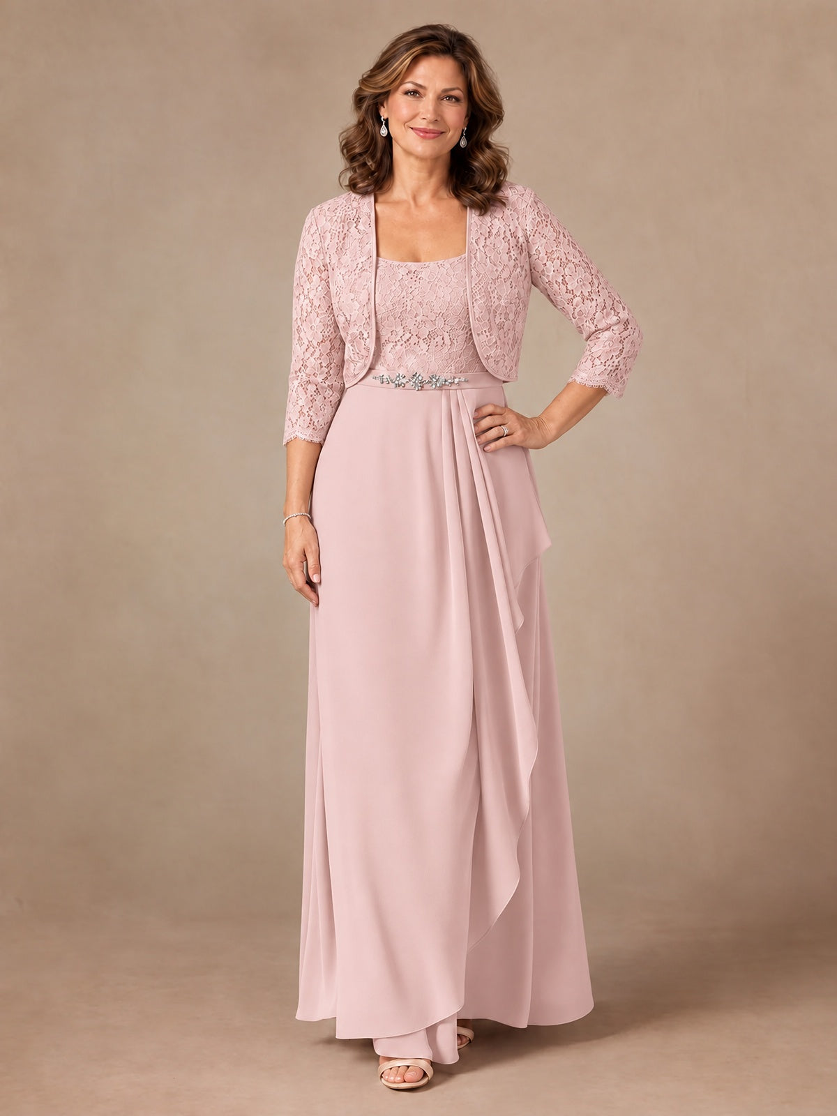 Blush Pink A-Line Mother of the Bride Dress with Lace Jacket and Ruffles