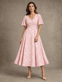V-Neck Floral Jacquard Tea-Length Mother of the Bride Dress