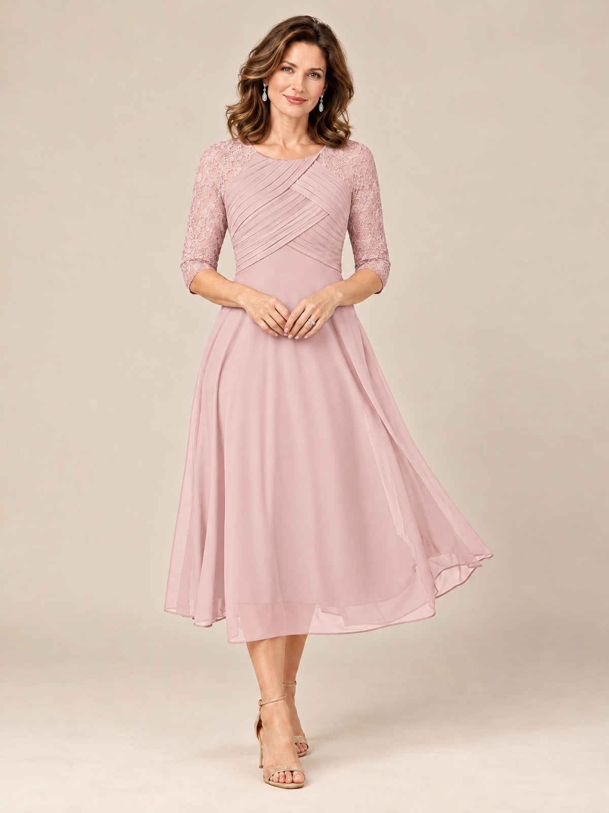 Blush Pink-Lace Applique Pleated Tea Length Mother of The Bride Dresses