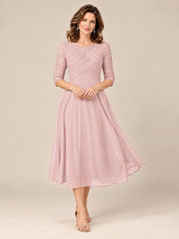 Blush Pink-Lace Applique Pleated Tea Length Mother of The Bride Dresses
