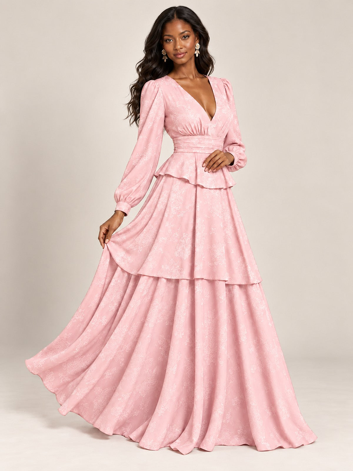 Blush Pink Floral Long Sleeve Maxi Dress