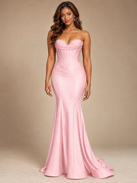 Red Strapless Satin Mermaid Prom Dress with Corset Bodice
