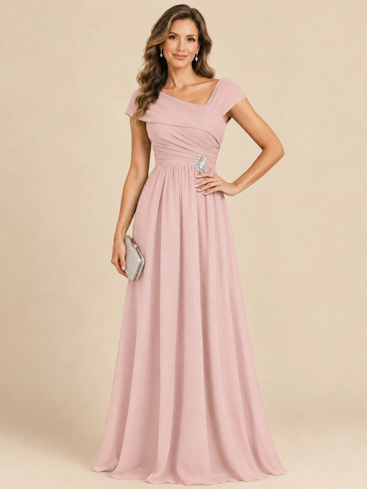 Cap Sleeve Mother of The Bride Dresses Long Chiffon Formal Gowns