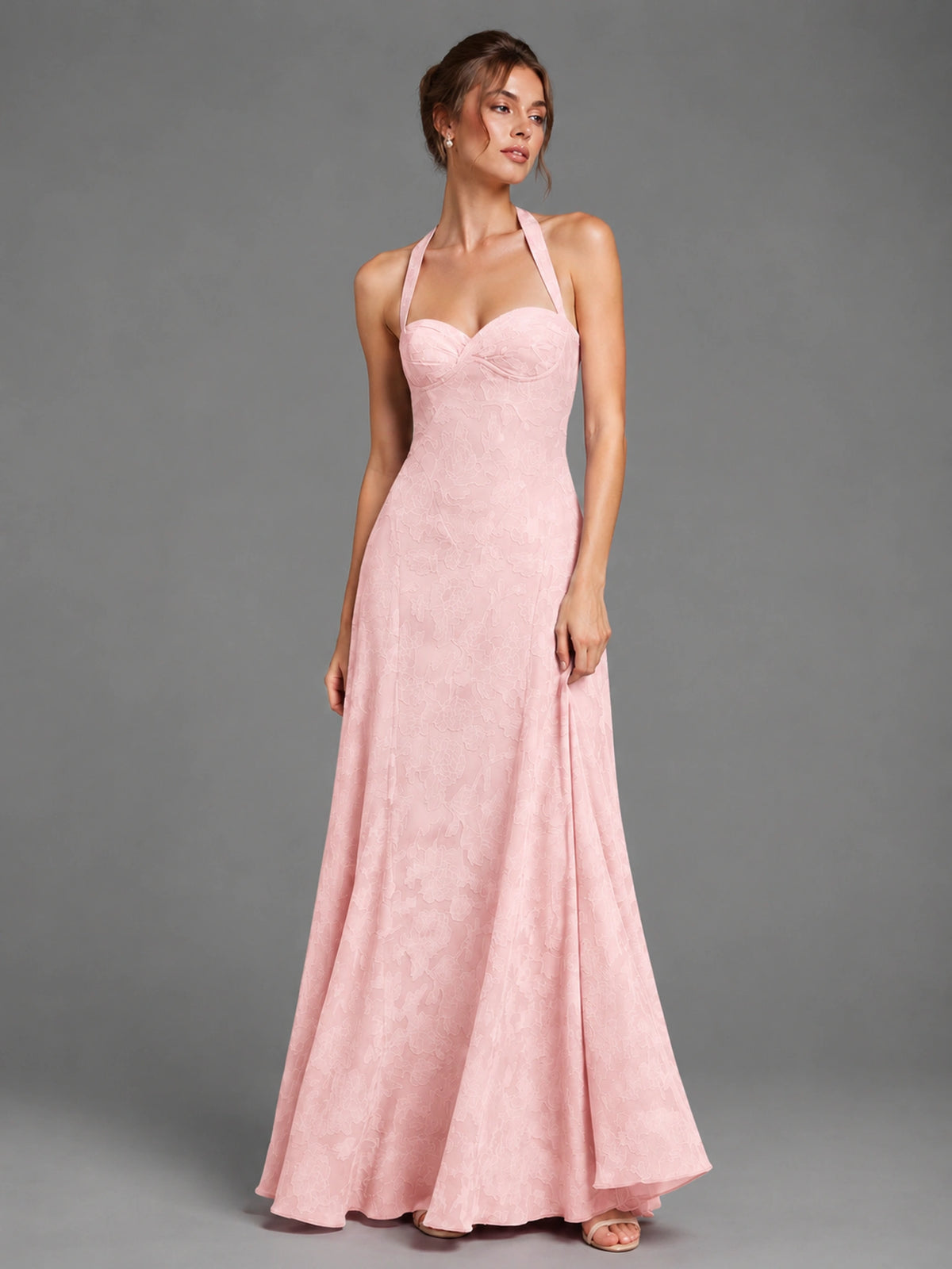 A-Line Halter Floral Chiffon Maxi Dress