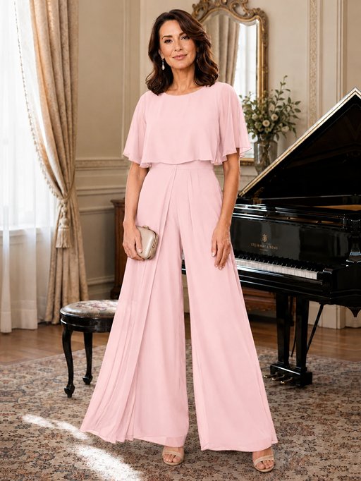 Chiffon Mother of the Bride Jumpsuit with Layered Cape Sleeves