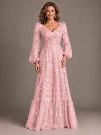 Floral Sequin Embroidered A-Line Mother of the Bride Dress with Long Sleeves