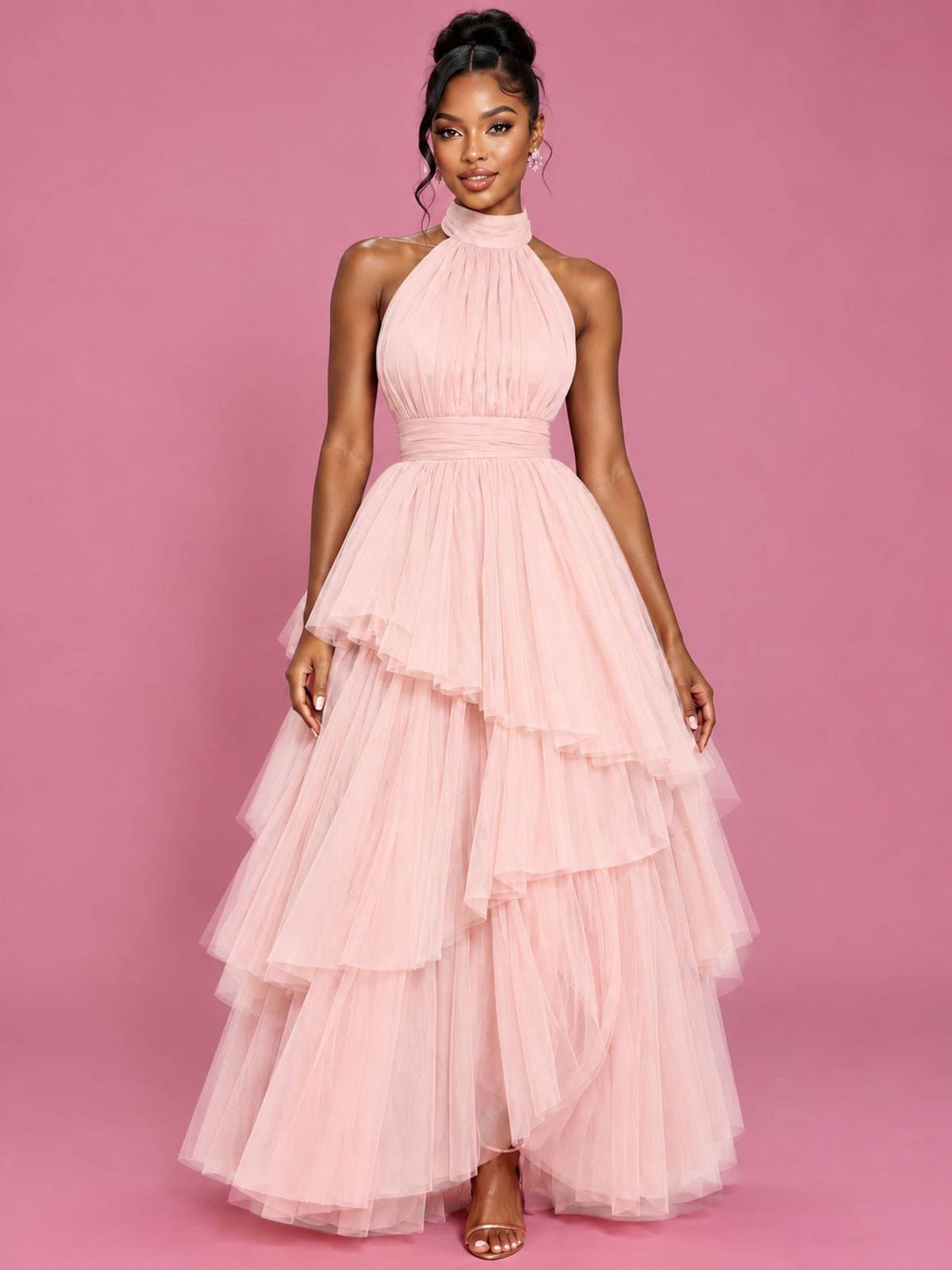 Hot Pink Tulle Halter Neck Tiered Ruffle Maxi Dress