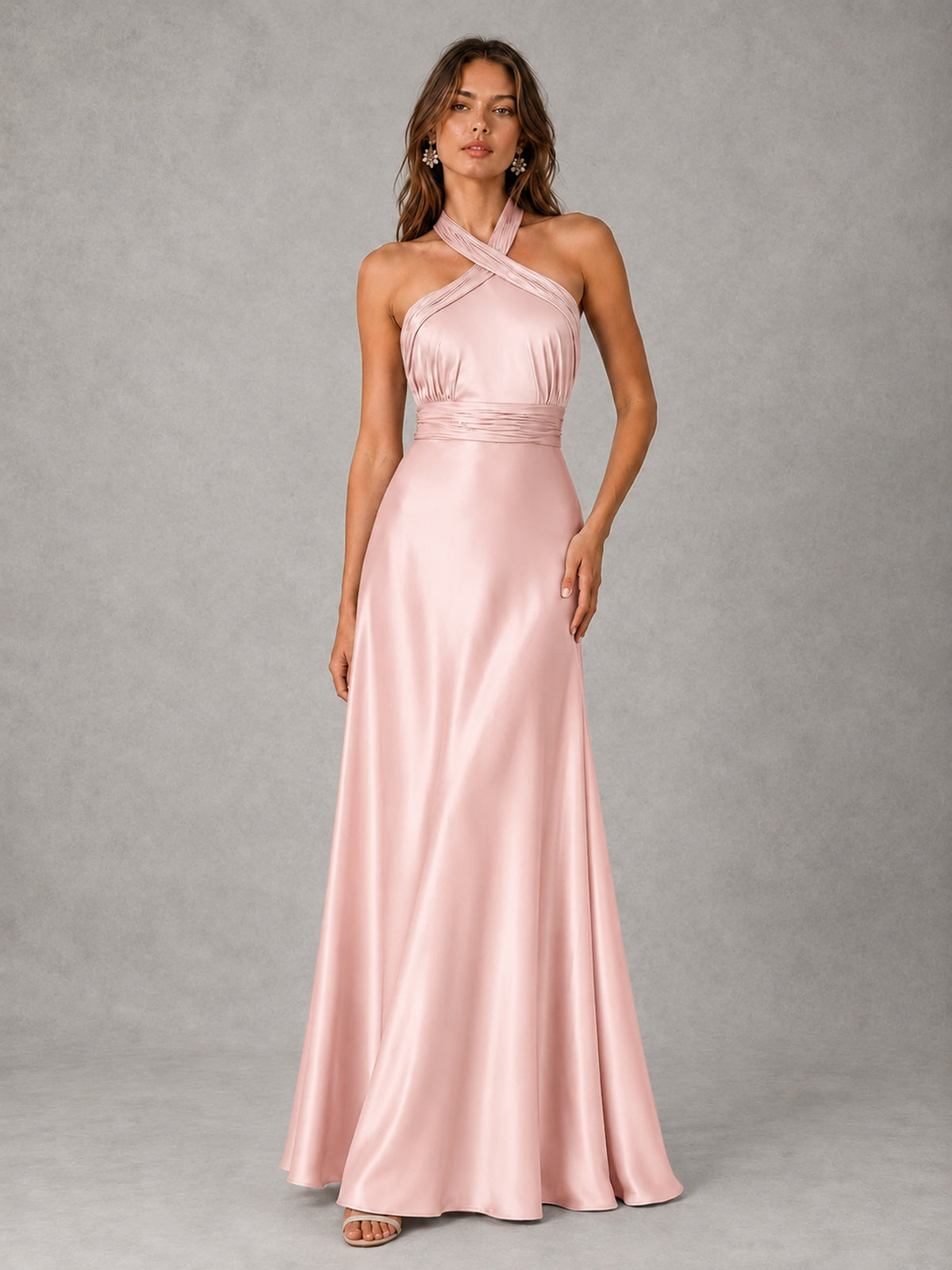 Sage Green Satin A-Line Bridesmaid Dress with Halter Neck