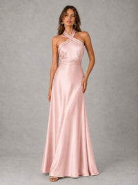 Sage Green Satin A-Line Bridesmaid Dress with Halter Neck