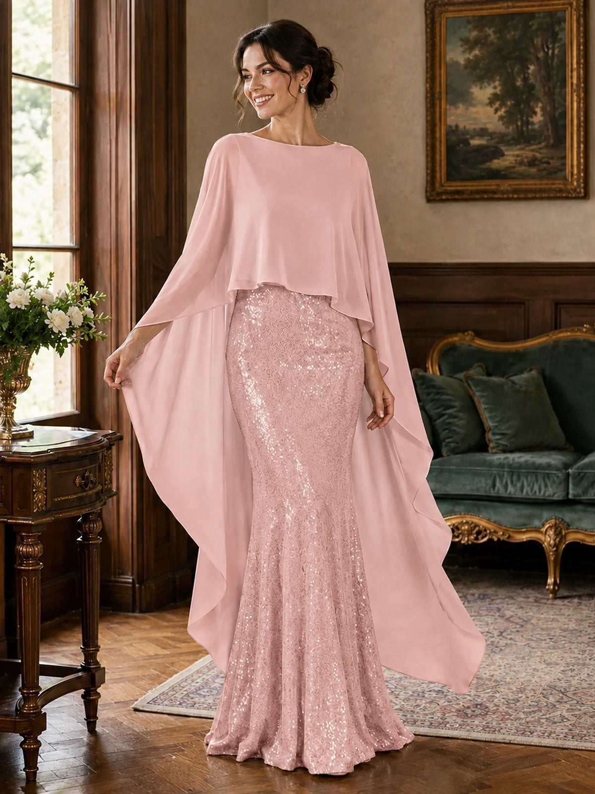 Sequin 2 Pieces Mother of the Bride Dress with Cap Sleeves Chiffon Formal Gowns