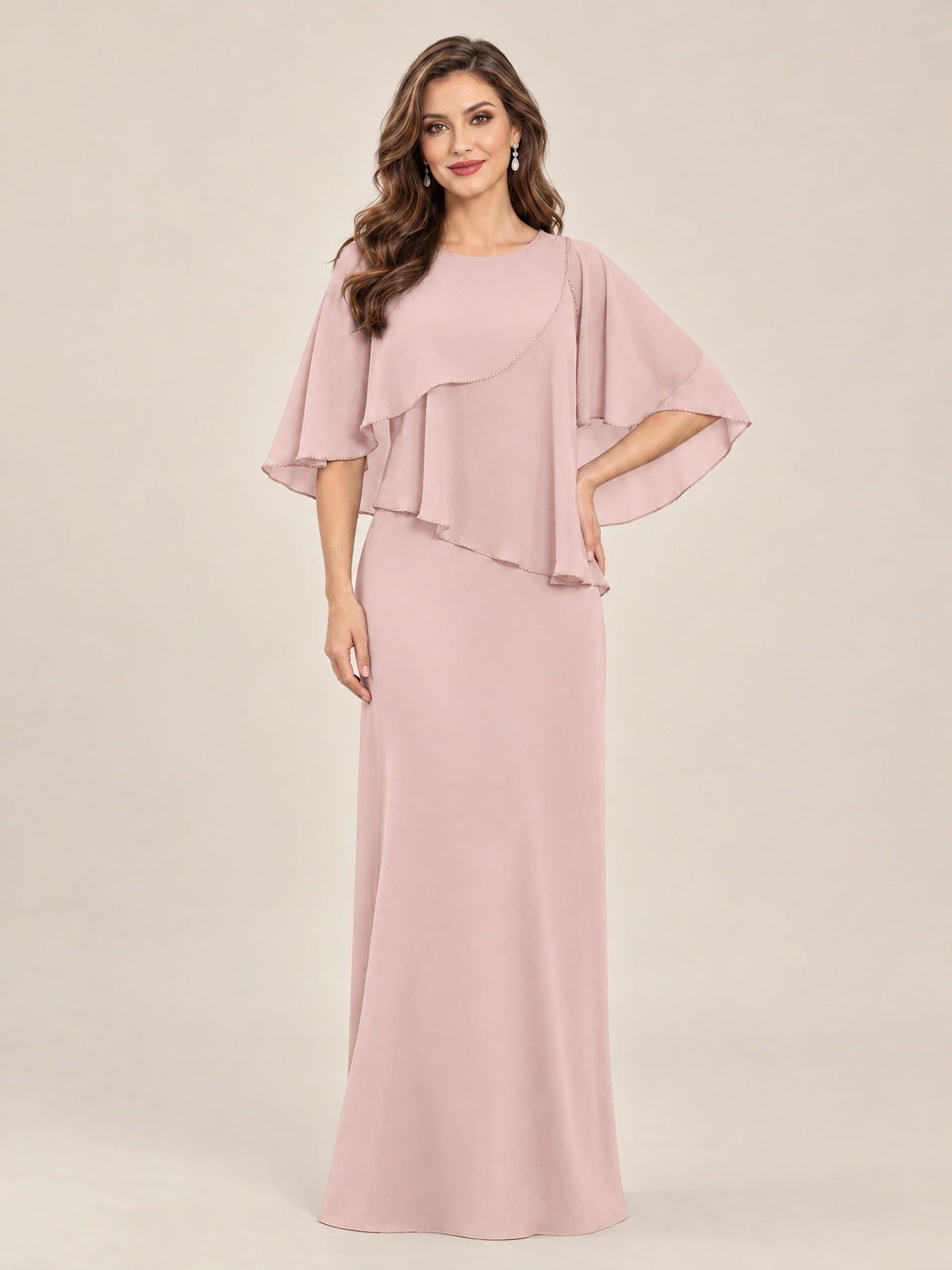 Blush Pink-Chiffon 2 Piece A Line Mother of The Bride Dresses with Cape
