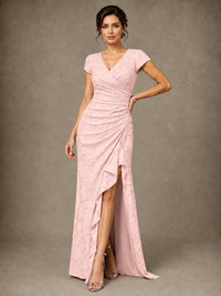 V-Neck Floral Jacquard Mother of the Bride Dress with Slit