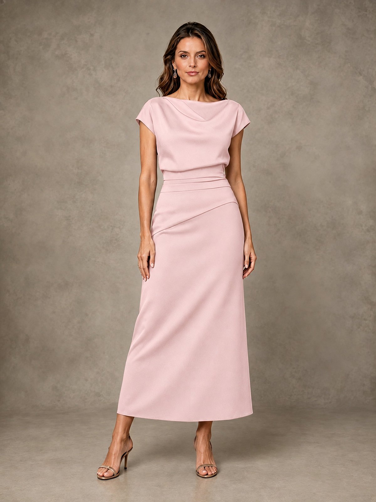 Cowl Neck Satin Mother of the Bride Dress with Ruched Waist