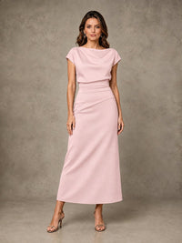 Cowl Neck Satin Mother of the Bride Dress with Ruched Waist