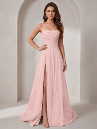 Blush Pink Sparkly Cowl Neck Corset Long Prom Dress with Slit A-line Tulle Ball Gown Formal Evning Party Dress