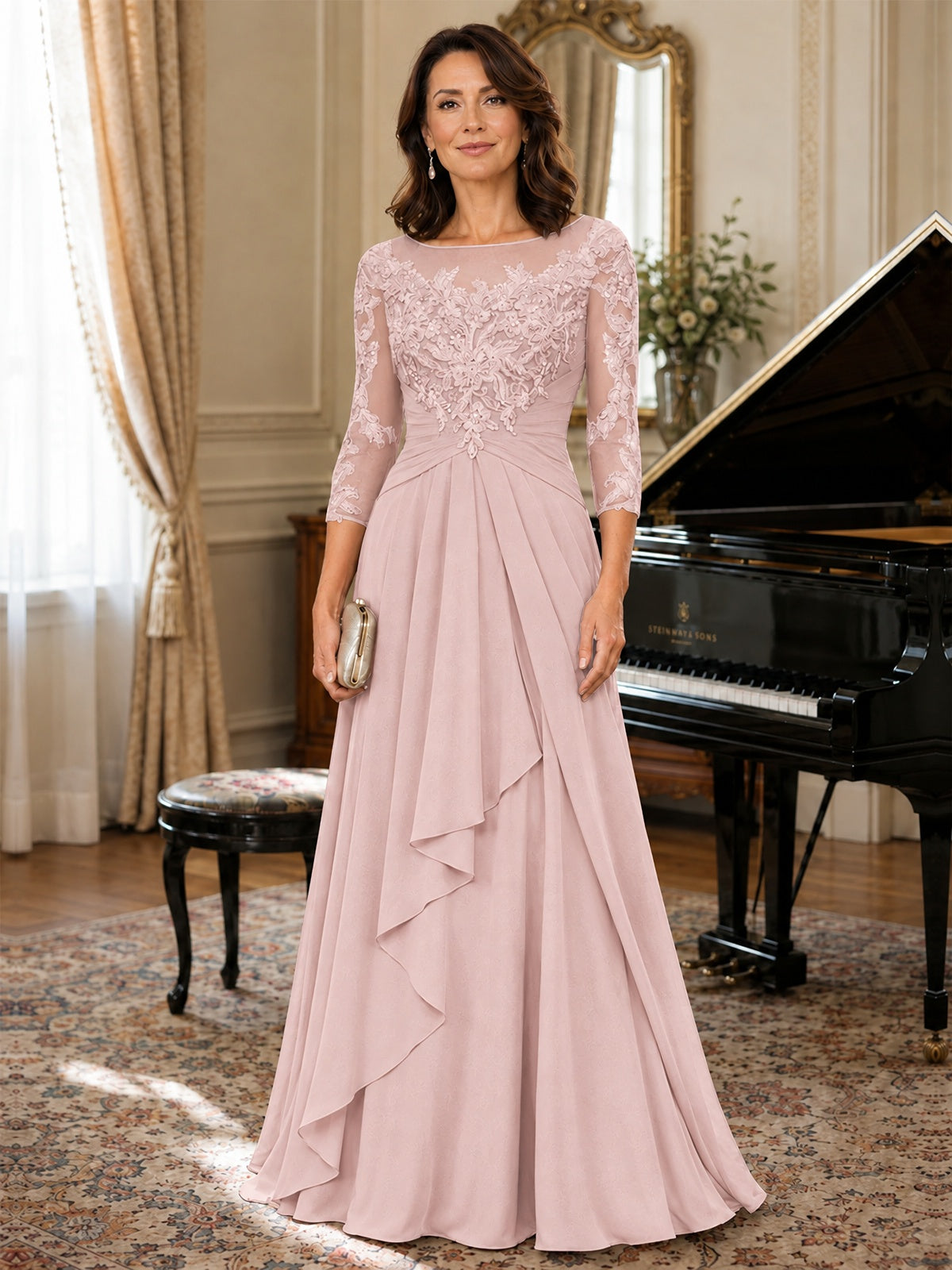 A-Line Chiffon Mother of the Bride Dress with Floral Applique 3/4 Sleeves