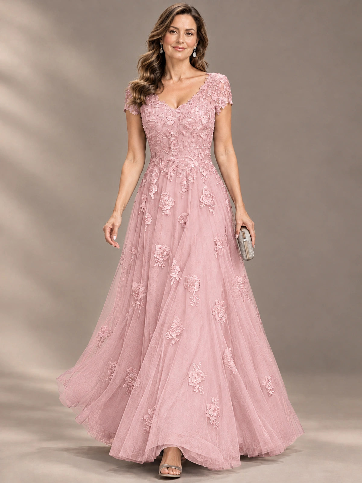 Lace Appliques A-line Mother of The Bride Dresses with Short Sleeves