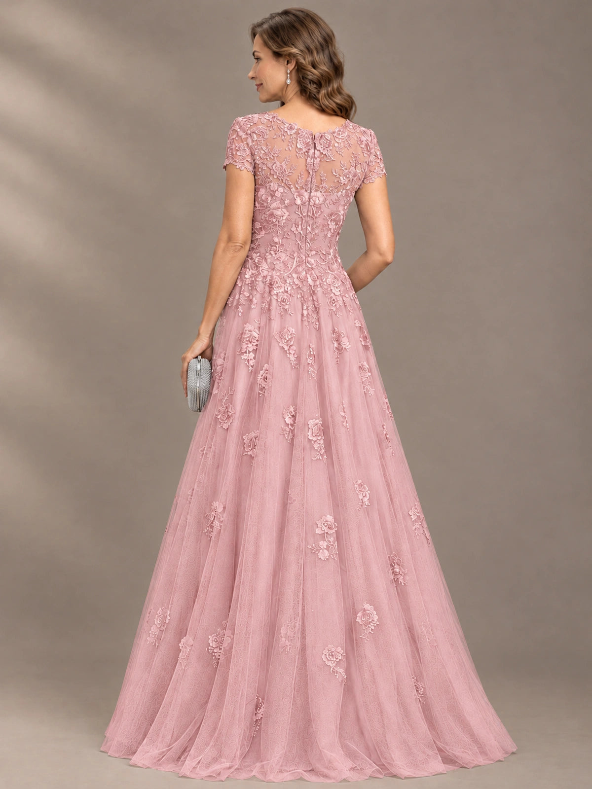 Lace Appliques A-line Mother of The Bride Dresses with Short Sleeves