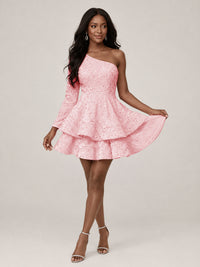 Puffy One Shoulder Sequin Tiered Mini Dress