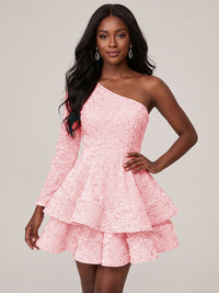 Blush Pink One Shouler Sequin Homecoming Dress with Long Sleeve Sparkly Puffy Tiered Mini Prom Dress Cocktail Party Gown