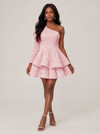 Puffy One Shoulder Sequin Tiered Mini Dress