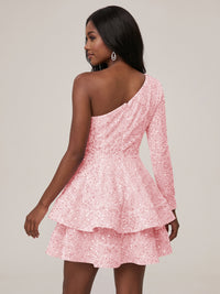 Puffy One Shoulder Sequin Tiered Mini Dress