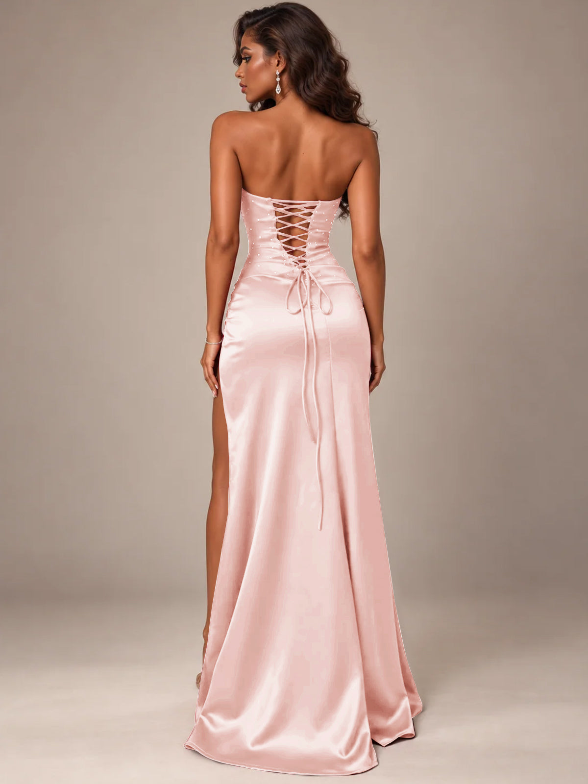Burgundy Strapless Sparkly Corset Prom Dress with High Slit