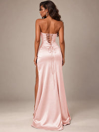 Burgundy Strapless Sparkly Corset Prom Dress with High Slit