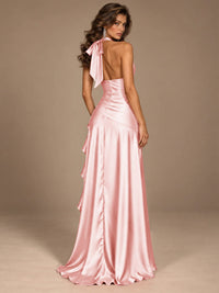 Burgundy Halter Deep V-Neck Ruched High Slit Ruffle Prom Dress