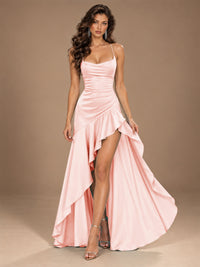Burgundy Spaghetti Strap Ruched Prom Dress with Ruffled High Slit
