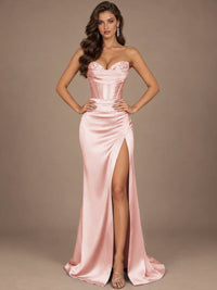 Dusty Blue Strapless Lace Corset Prom Dress with High Slit