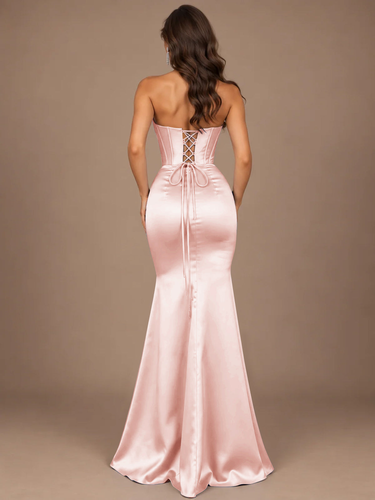 Dusty Blue Strapless Lace Corset Prom Dress with High Slit
