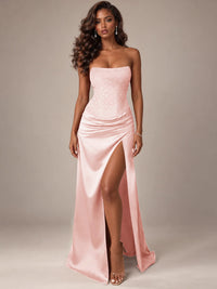 Burgundy Strapless Sparkly Corset Prom Dress with High Slit