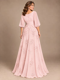 A-Line Mother of the Bride Dress with Sheer Puff Sleeves