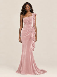 Black Velvet One-Shoulder Mermaid Evening Gown with Bow & Ruffles