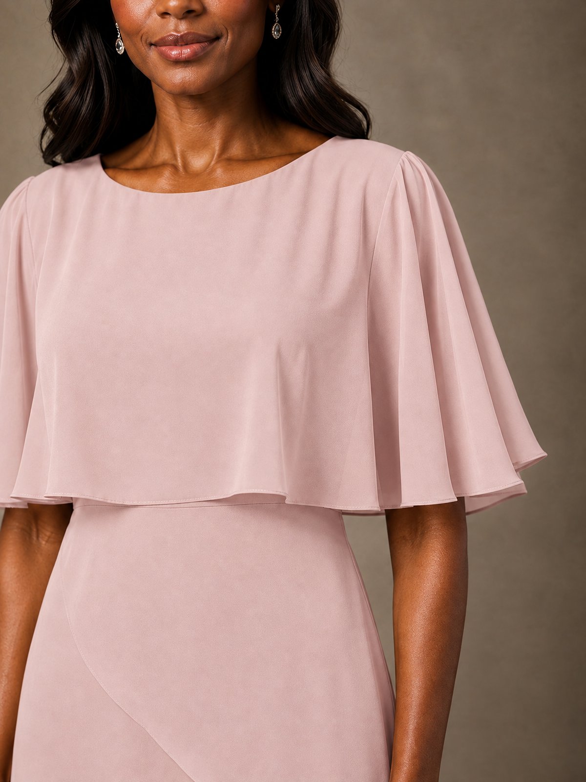 Taupe Chiffon A-Line Mother of the Bride Dress with Cape Sleeves