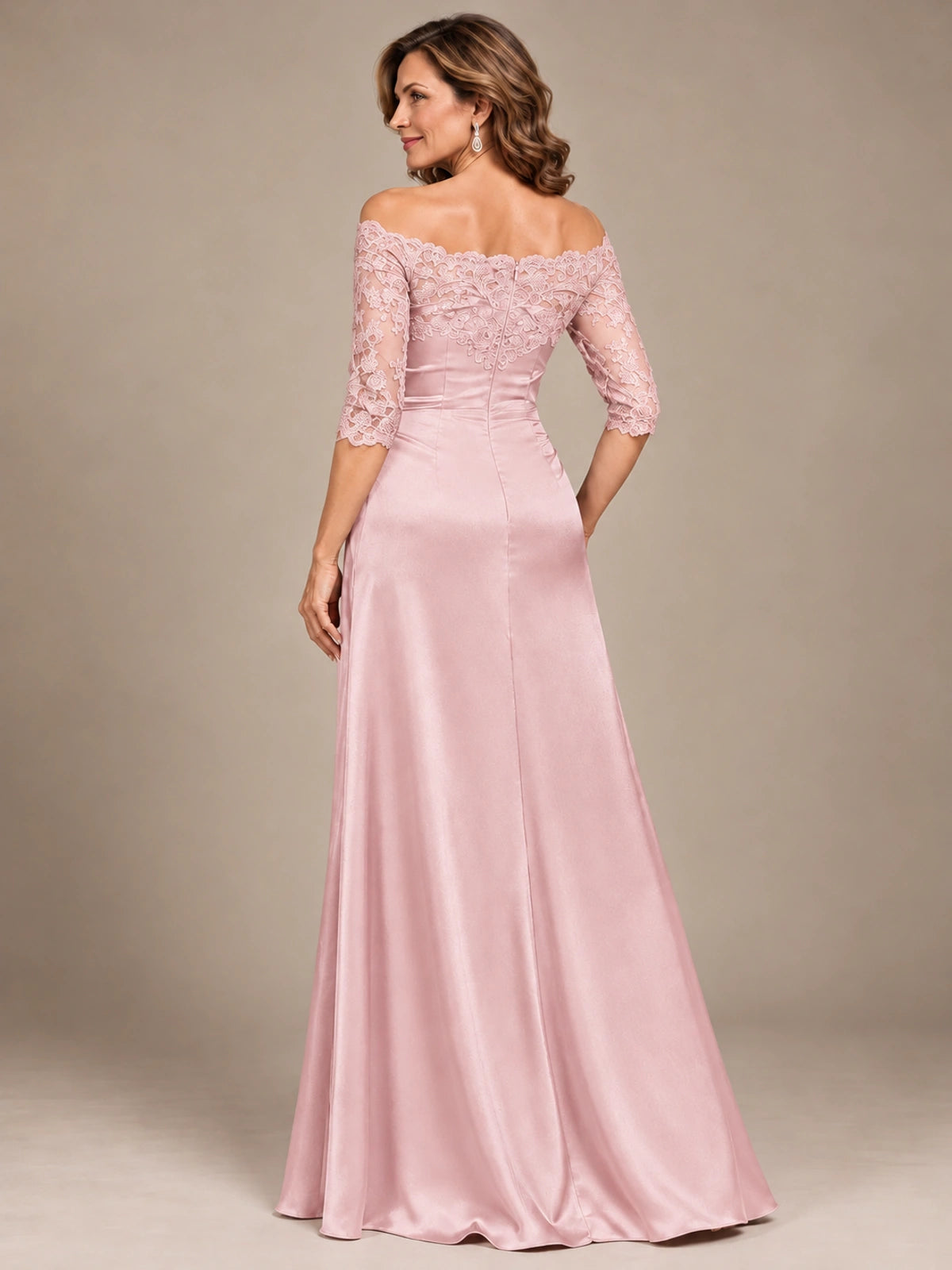 Satin Mother of the Bride Dress with Lace Sleeves Off Shoulder Formal Gown
