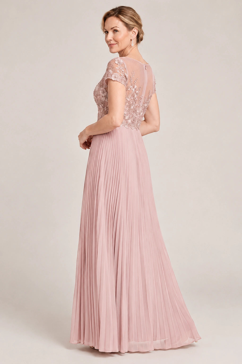 Embroidered Lace Pleated Mother of the Bride Dress