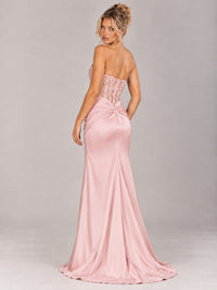 Strapless Satin Prom Dress with Sheer Lace Corset & High Slit