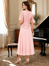 Tea-Length Chiffon Mother of the Bride Dress with Sequin Lace Sleeves